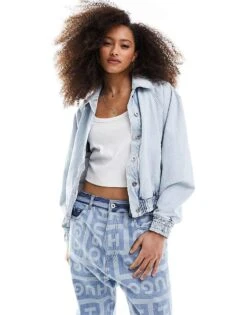 HUGO BLUE Bomber Denim Jacket With Back Patch In Light Wash For Women Medium Blue