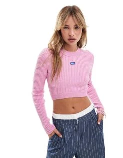 HUGO Blue Knitted Jumper In Pink For Women Medium Pink