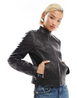 HUGO Red Leather Moto Jacket In Black For Women