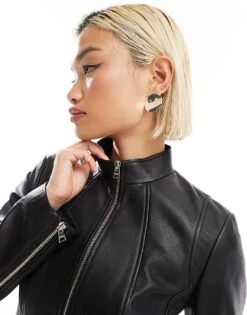 HUGO Red Leather Moto Jacket In Black For Women 9 HUGO Red Leather Moto Jacket In Black For Women -HUGO Sales 206773425 3