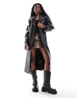 HUGO Red Pu Trench Jacket In Black For Women