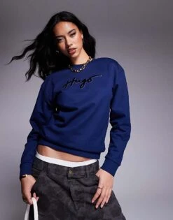 HUGO Red Easy Crewneck Sweatshirt In Navy With Logo Print And Diamante Detailing For Women Blue
