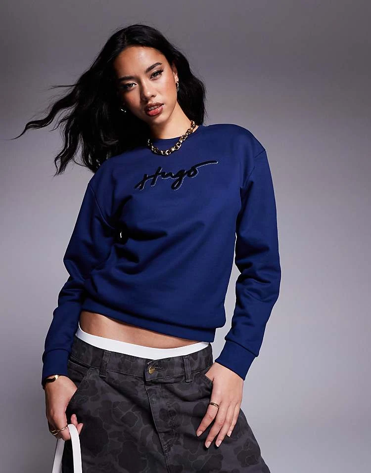 HUGO Red Easy Crewneck Sweatshirt In Navy With Logo Print And Diamante Detailing For Women Blue 3 HUGO Red Easy Crewneck Sweatshirt In Navy With Logo Print And Diamante Detailing For Women Blue