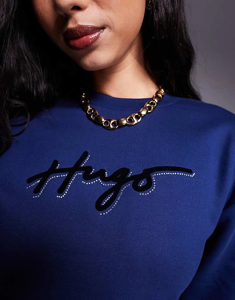 HUGO Red Easy Crewneck Sweatshirt In Navy With Logo Print And Diamante Detailing For Women Blue 5 HUGO Red Easy Crewneck Sweatshirt In Navy With Logo Print And Diamante Detailing For Women Blue - Image 3