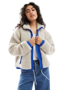 HUGO Blue Fosbury Sherpa Jacket In Off White With Blue Trim Detail For Women -HUGO Sales 206889085 1 white 1