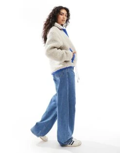 HUGO Blue Fosbury Sherpa Jacket In Off White With Blue Trim Detail For Women -HUGO Sales 206889085 3