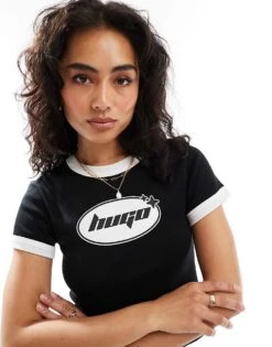 HUGO Blue Dalia Baby Ringer T-shirt In Black For Women -HUGO Sales 206889114 1 black 1