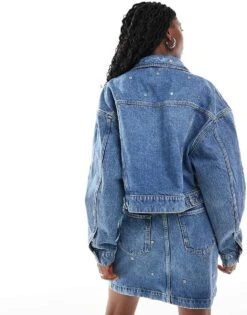 HUGO Red Gisolia Co-ord Denim Jacket In Midwash Blue With All Over Logo Studding For Women -HUGO Sales 206889371 3