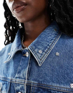 HUGO Red Gisolia Co-ord Denim Jacket In Midwash Blue With All Over Logo Studding For Women -HUGO Sales 206889371 4