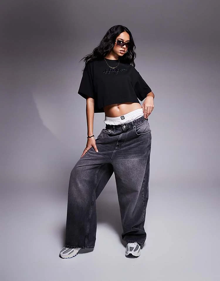 HUGO Red Cropped T-shirt In Black With Logo Print And Diamante Detailing For Women 4 HUGO Red Cropped T-shirt In Black With Logo Print And Diamante Detailing For Women - Image 2