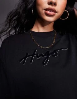HUGO Red Cropped T-shirt In Black With Logo Print And Diamante Detailing For Women 9 HUGO Red Cropped T-shirt In Black With Logo Print And Diamante Detailing For Women -HUGO Sales 206889435 3