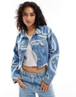 HUGO Blue Lou Cropped Denim Jacket In Midwash Blue With All Over Logo Print For Women