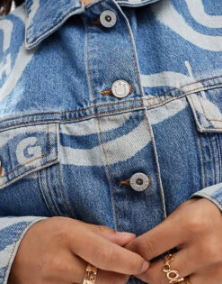 HUGO Blue Lou Cropped Denim Jacket In Midwash Blue With All Over Logo Print For Women -HUGO Sales 206889449 3