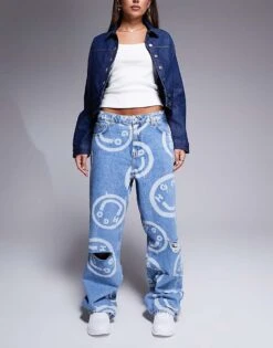 HUGO Blue Getara Wide Leg Denim Jeans In Midwash Blue With All Over Logo Print For Women -HUGO Sales 206889480 1 blue 1