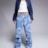 HUGO Blue Getara Wide Leg Denim Jeans In Midwash Blue With All Over Logo Print For Women 2 HUGO Blue Getara Wide Leg Denim Jeans In Midwash Blue With All Over Logo Print For Women -HUGO Sales 206889480 1 blue