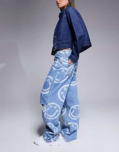 HUGO Blue Getara Wide Leg Denim Jeans In Midwash Blue With All Over Logo Print For Women -HUGO Sales 206889480 3