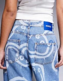 HUGO Blue Getara Wide Leg Denim Jeans In Midwash Blue With All Over Logo Print For Women -HUGO Sales 206889480 4