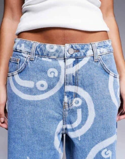 HUGO Blue Getara Wide Leg Denim Jeans In Midwash Blue With All Over Logo Print For Women -HUGO Sales 206889480 5
