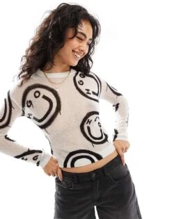 HUGO Blue Satta Knitted Jumper In White With All Over Logo Print For Women Multi