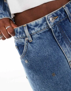 HUGO Red Gebisi Co-ord Denim Mini Skirt In Midwash Blue With All Over Logo Studding For Women -HUGO Sales 206889805 3