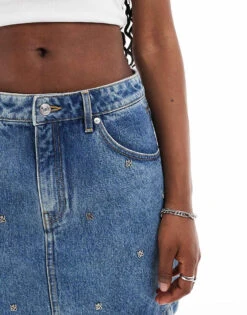 HUGO Red Gebisi Co-ord Denim Mini Skirt In Midwash Blue With All Over Logo Studding For Women -HUGO Sales 206889805 5