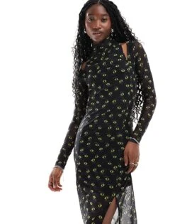 HUGO Red Noslin Maxi Mesh Dress In Black With All Over Eyes Print And Slip Insert For Women -HUGO Sales 206889959 2