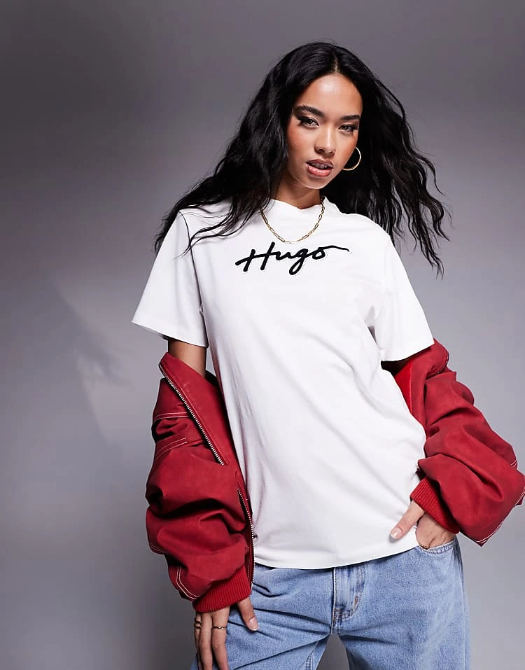 HUGO Red Oversized Vintage T-shirt In White With Logo Print And Diamante Detailing For Women 7 HUGO Red Oversized Vintage T-shirt In White With Logo Print And Diamante Detailing For Women - Image 5