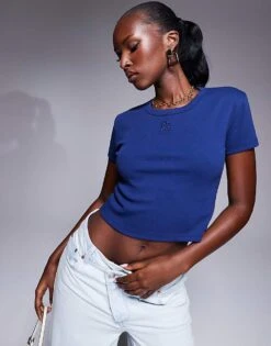 HUGO Red Delanor Cropped Baby T-shirt In Dark Blue For Women