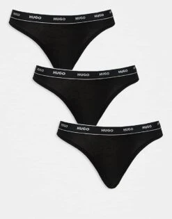 Hugo Red HUGO Bodywear 3 Pack Thongs In Black With Logo Waistband For Women