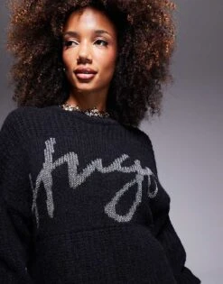 HUGO Red Sloguessy- Oversized Knitted Dress Jumper In Black With Logo Print For Women -HUGO Sales 207233613 4