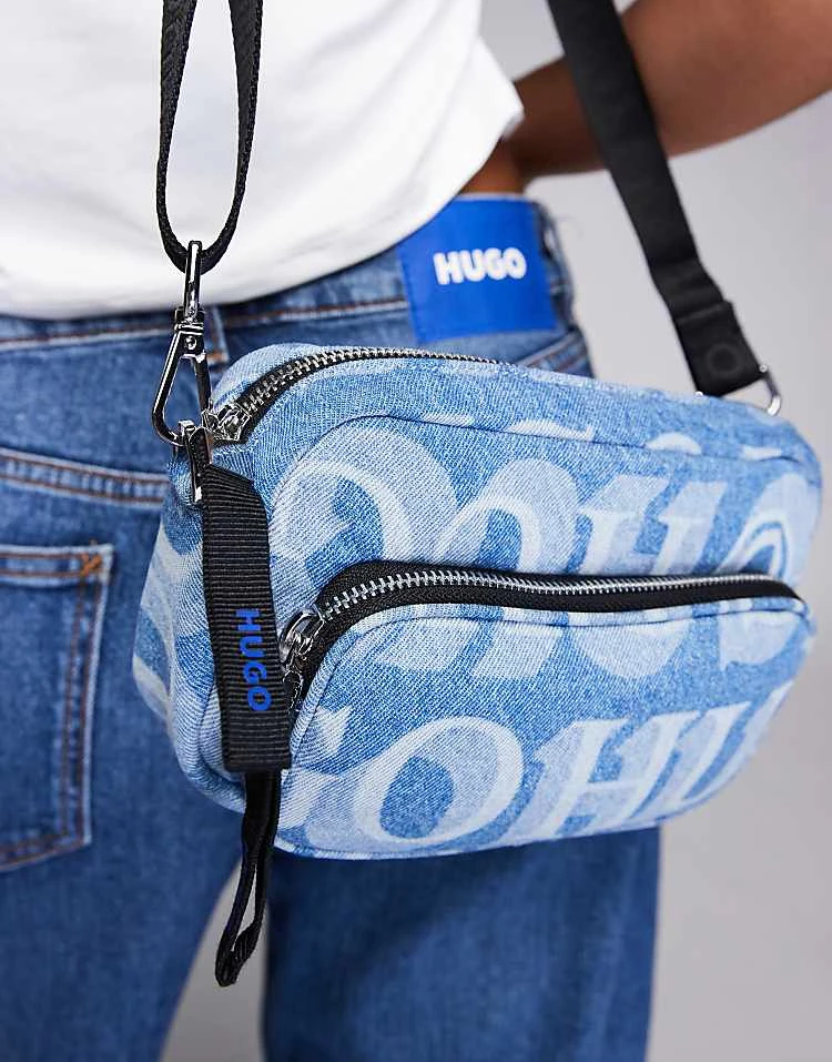 HUGO Blue Denim Crossbody Bag With All Over Logo For Women 3 HUGO Blue Denim Crossbody Bag With All Over Logo For Women - Image 2