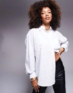 HUGO Blue Semi Sheer Logo All Over Print Shirt In White For Women Open Miscellaneous