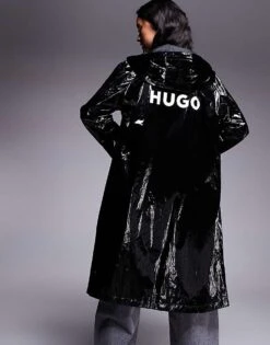 HUGO Blue Fenton High Shine Longline Jacket With Backprint Logo In Black For Women -HUGO Sales 207341325 1 black 1