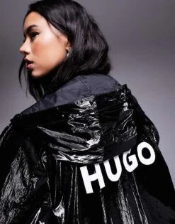 HUGO Blue Fenton High Shine Longline Jacket With Backprint Logo In Black For Women -HUGO Sales 207341325 3