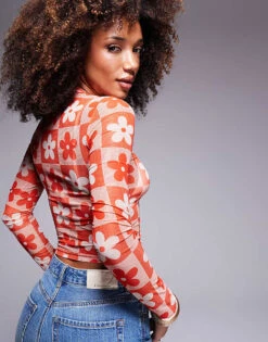 HUGO Blue Dasori Floral Print Long Sleeve Mesh Top For Women Open Miscellaneous -HUGO Sales 207341333 4