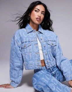 HUGO Blue Galatea Co-ord All Over Print Logo Denim Jacket In Blue For Women Open Miscellaneous