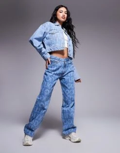 HUGO Blue Galatea Co-ord All Over Print Logo Denim Jacket In Blue For Women Open Miscellaneous -HUGO Sales 207341349 4