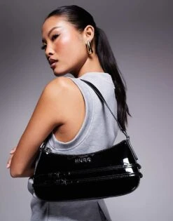 HUGO Red Christ Patent Shoulder Bag In Black With Belt Detailing For Women -HUGO Sales 207349419 3
