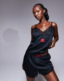 Hugo Red HUGO Bodywear Satin Lace Trim Co-ord Pyjama Cami Top In Black For Women -HUGO Sales 207349587 1 black 1
