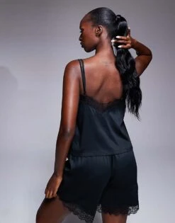 Hugo Red HUGO Bodywear Satin Lace Trim Co-ord Pyjama Cami Top In Black For Women -HUGO Sales 207349587 3