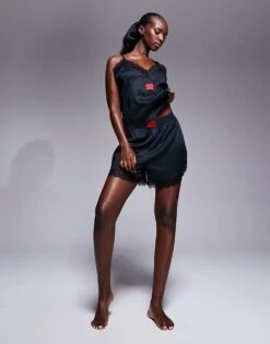 Hugo Red HUGO Bodywear Satin Lace Trim Co-ord Pyjama Cami Top In Black For Women -HUGO Sales 207349587 4