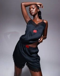 Hugo Red HUGO Bodywear Satin Lace Trim Co-ord Pyjama Short In Black For Women