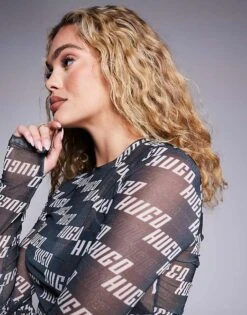 HUGO Red Delonie Repeat Logo Mesh Long Sleeve Top In Black For Women 9 HUGO Red Delonie Repeat Logo Mesh Long Sleeve Top In Black For Women -HUGO Sales 207349618 3