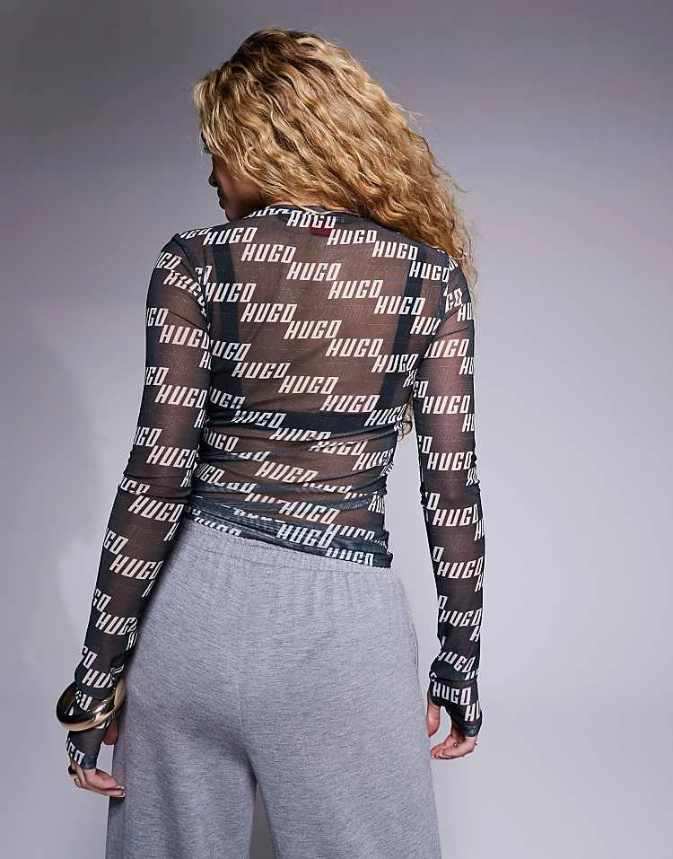 HUGO Red Delonie Repeat Logo Mesh Long Sleeve Top In Black For Women 6 HUGO Red Delonie Repeat Logo Mesh Long Sleeve Top In Black For Women - Image 4