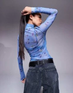 HUGO Red Delisabeta High Neck Mesh Long Sleeve Top In Blue With Floral Print For Women Blue Floral -HUGO Sales 207349644 3