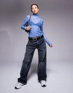 HUGO Red Delisabeta High Neck Mesh Long Sleeve Top In Blue With Floral Print For Women Blue Floral -HUGO Sales 207349644 4